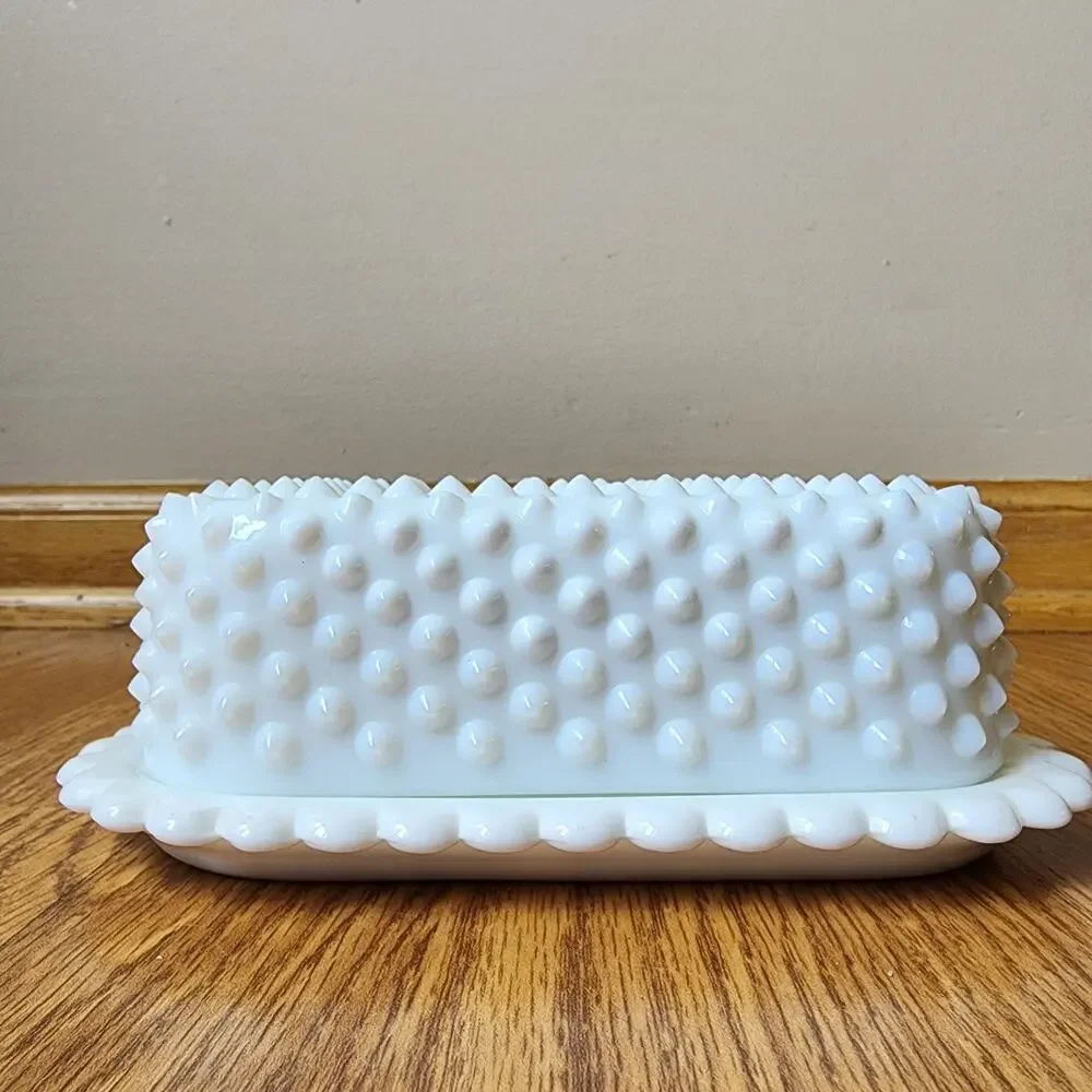 MCM Fenton Hobnail Milk Glass Covered Butter Dish White Mid Century Modern EUC